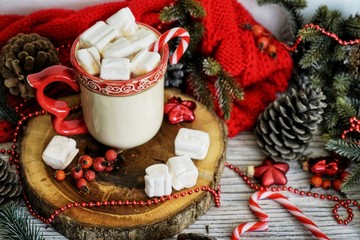A cup of hot winter drink with marshmallow and cinnamon. New Year's background.