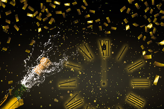 konfettiregen, sektflasche, uhr - silvesterparty
