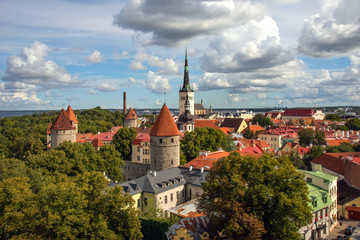 Obraz premium Aerial panoramic cityscape beautiful view of Old Town in Tallinn in summer, Estonia