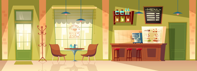 Vector cartoon cafe room - cozy interior with coffee machine, table. Wooden furniture for cafeteria interior, chair and blackboard for memu. Background with door, window and fridge.