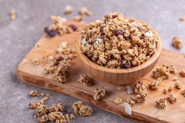 Bowl of homemade granola with nuts. Copy space
