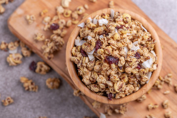 Bowl of homemade granola with nuts. Copy space