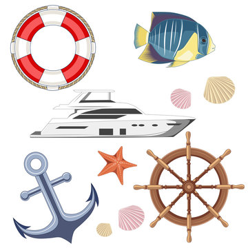 Set of vector images on a sea theme with an anchor.