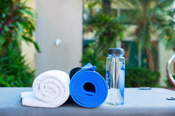 set for exercises yoga water rug towel morning