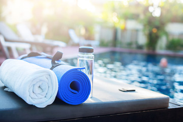 set for exercises yoga water rug towel morning