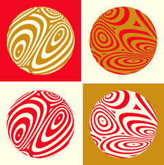 set of graphic balls with fluid pattern in gold red
