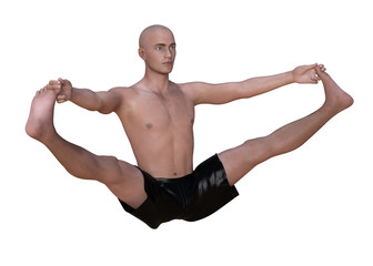 Bald man in black boxers practising the wide angle seated forward bend yoga pose. Horizontal 3d render isolated on white.
