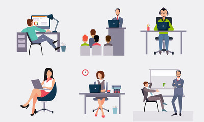 Business people working in the office, office workers working at the computers, taking part in the conference vector Illustration on a white background