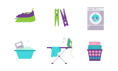 Laundry set, washing machine, basin, clothespin, iron, ironing board vector Illustration on a white background