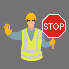 worker with a stop sign vector illustration flat style front 
