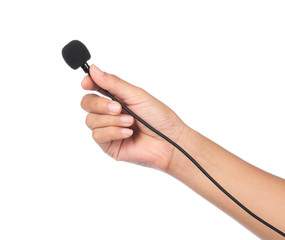 hand holding Microphone lapel or lavalier isolated on white background