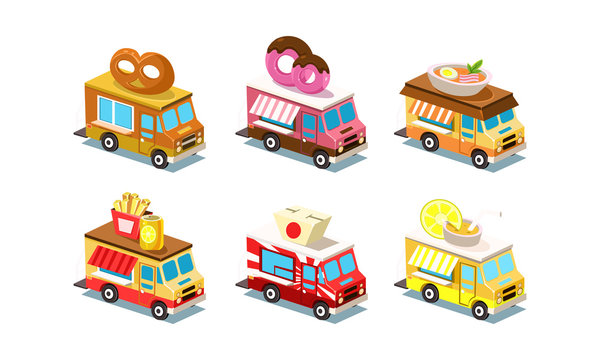 Flat vector set of isometric food trucks. Vans with pretzel, doughnut, soup, french fries and soda, Japanese box and lemonade on roof