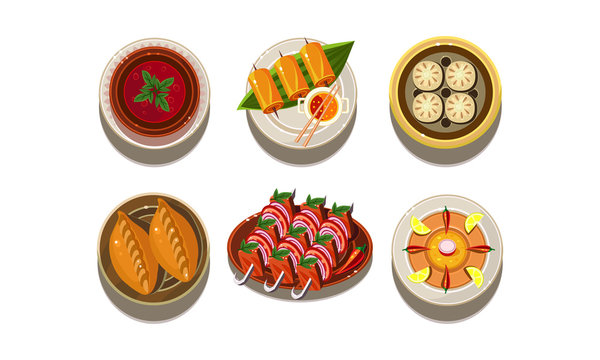 Flat vector set of plates with tasty Asian dishes. Traditional Chinese cuisine. Delicious food. Appetizing meal