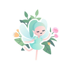 Vector little cartoon winged fairy, baby elf blue color, with floral background, isolated