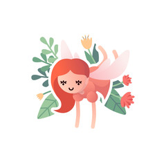 Vector little cartoon winged fairy, baby elf orange color, with floral background, isolated