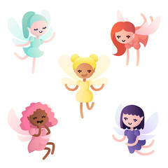 Vector set of various little cartoon fairies in different colors, baby elves with wings