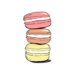 Stack of colorful macaron, macaroon cakes, sketch style vector illustration isolated on white background. Stack, pile of colorful almond macaron, macaroon biscuits, sweet and beautiful dessert