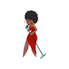 Black woman in red dress singing with microphone, African American female singer vector Illustration on a white background