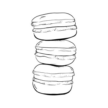 Stack of macaron, macaroon almond cakes, sketch style vector illustration isolated on white background. Sweet bakery. Stack, pile of almond macaron, macaroon biscuits, sweet and beautiful dessert