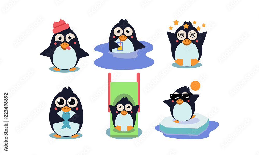 Poster flat vector set of cute penguin in different actions funny cartoon character. element for mobile gam