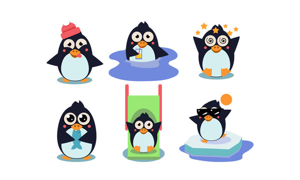 Flat vector set of cute penguin in different actions Funny cartoon character. Element for mobile game