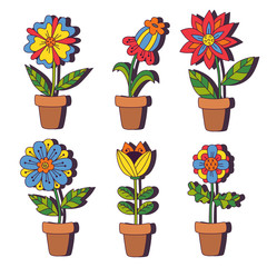 Flowers in pots doodle colorful vector set