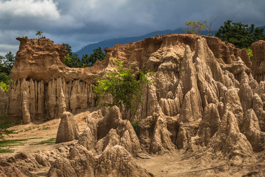 Intriguing and picturesque landscape of  eroded sandstone pillars, columns and cliffs, natural erosion of water and wind, Sao Din Na Noi National Park in Nan Province, Thailand