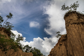Intriguing and picturesque landscape of  eroded sandstone pillars, columns and cliffs, natural erosion of water and wind, Sao Din Na Noi National Park in Nan Province, Thailand