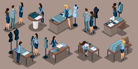 Isometrics girl tailor, a set of concepts for work in the sewing workshop. Entrepreneur, business woman, own business