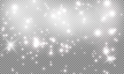 White sparks glitter special light effect. Vector sparkles on transparent background. Christmas abstract pattern. Sparkling magic dust particles