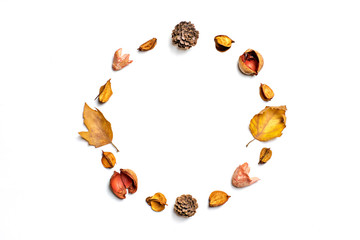 Creative pattern arrangement. Autumn composition made of dried leaves, berries and flower on white background. Flat lay, top view, copy space, empty text,mock up Inscription Autumn sale