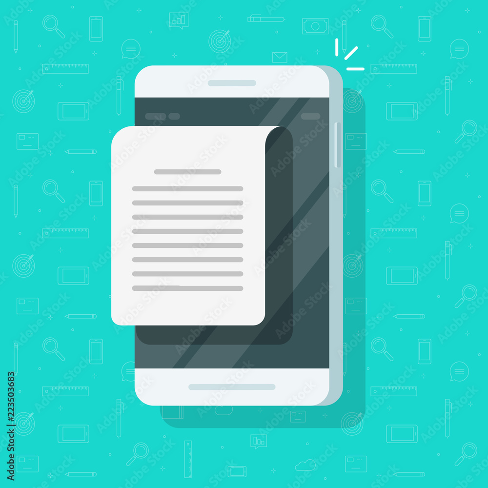 Poster mobile phone document notification vector, flat cartoon smartphone with open text document on screen