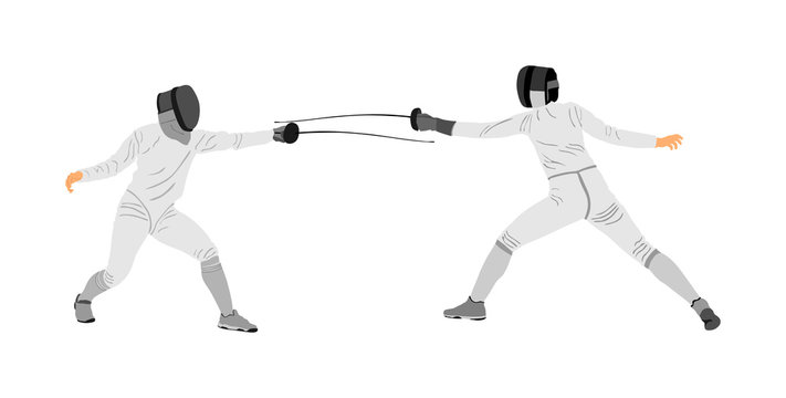 Fencing players vector illustration isolated on background. Fencing duel competition. Sword fighting. Swordplay duel. Quick move game. Athlete man figure. Sportsman in battle. Olympic game discipline.