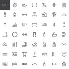 Gym Equipment outline icons set. linear style symbols collection, line signs pack. vector graphics. Set includes icons as Dumbbell, Stopwatch, Sneakers, Stationary bike, Kettlebell, Treadmill, Barbell