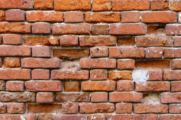 Background of old vintage dirty brick wall with peeling plaster, texture