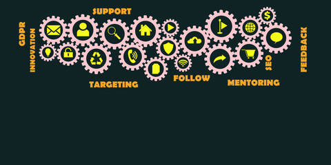 Gears mechanism concept. New internet web technology. Marketing,  strategy, SEO, Targeting, Support tag cloud. Words and icons