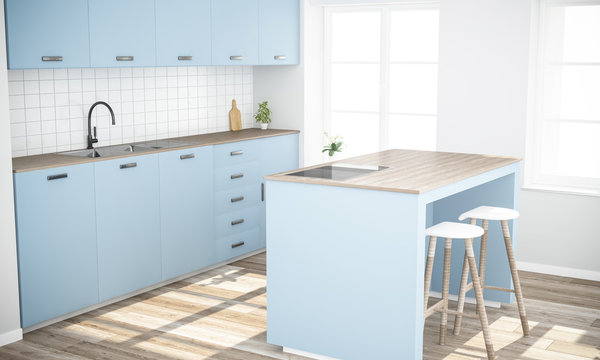 blue stylish kitchen with island 3d rendering