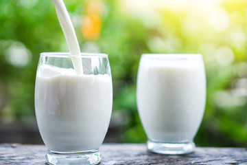 Pouring milk on drinking glass over nature sunlight morning background