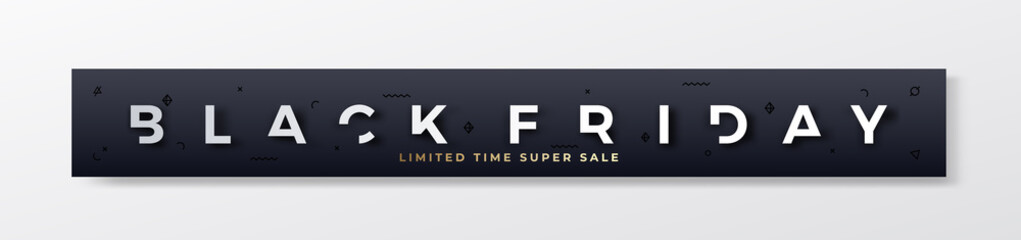 Black Friday Stylish Premium Banner or Header. Modern Reduced Typography Concept with Abstract Decorative Elements, Soft Realistic Shadow and Golden Glitter. Web ready proportions.