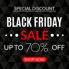 Black Friday sale banner. 70% price off. Discount card template. Special offer, sale poster, flyer design element. Vector illustration. 