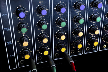 Closeup of the sound mixing console on stage. Audio Amplifier Console