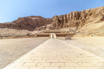 The Mortuary Temple of Hatshepsut, also known as the Djeser-Djeseru. Built for the Eighteenth Dynasty pharaoh Hatshepsut, it is located beneath the cliffs at Deir el-Baharinear the Valley of the Kings