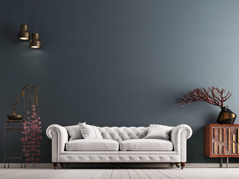 empty wall in classical style interior with white sofa on grey background wall.