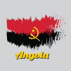 Brush style color flag of Angola, Two horizontal bands of red and black with the Machete and Gear Emblem in the center. with name text Angola.