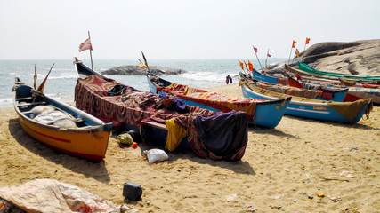 Original fishing boat on beach in Goa, India