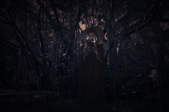 Scary witch over spooky dark forest with tree, leaves and vine, Halloween mystery concept