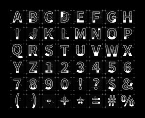 Architectural sketches of latin letters. White blueprint style font on black