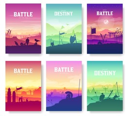 Ancient dead army warriors illustartion. Old battlefield silhouette landscape. Military devastation after the battle. Medieval weapons scattered on the ground after the war.