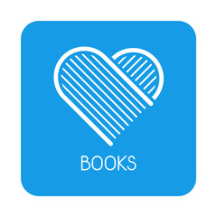Icono plano BOOKS libros como corazon en cuadrado azul