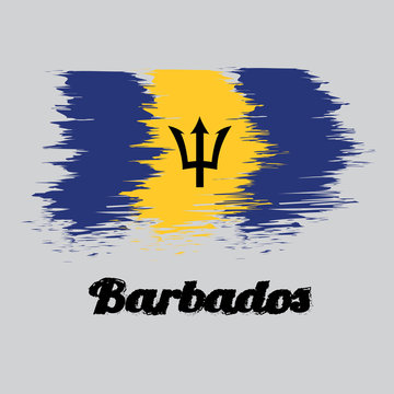 Brush style color flag of Barbados, A vertical triband of ultramarine (hoist-side and fly-side) and gold with the black trident-head centred on the gold band. with name text Barbados.
